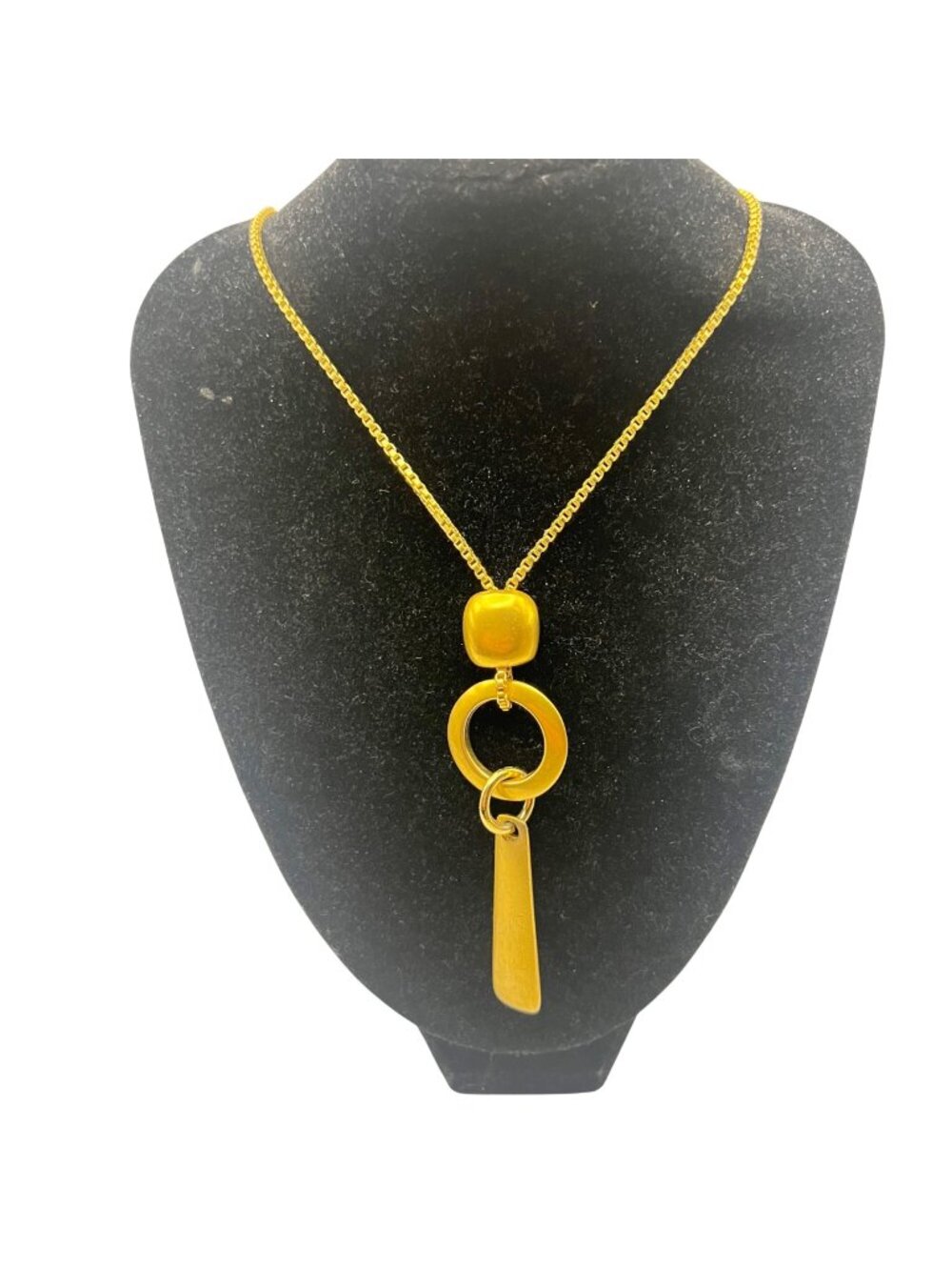 Vintage Modernist Gold Tone Geometric Pendant Necklace Matte Gold 32" Minimalist